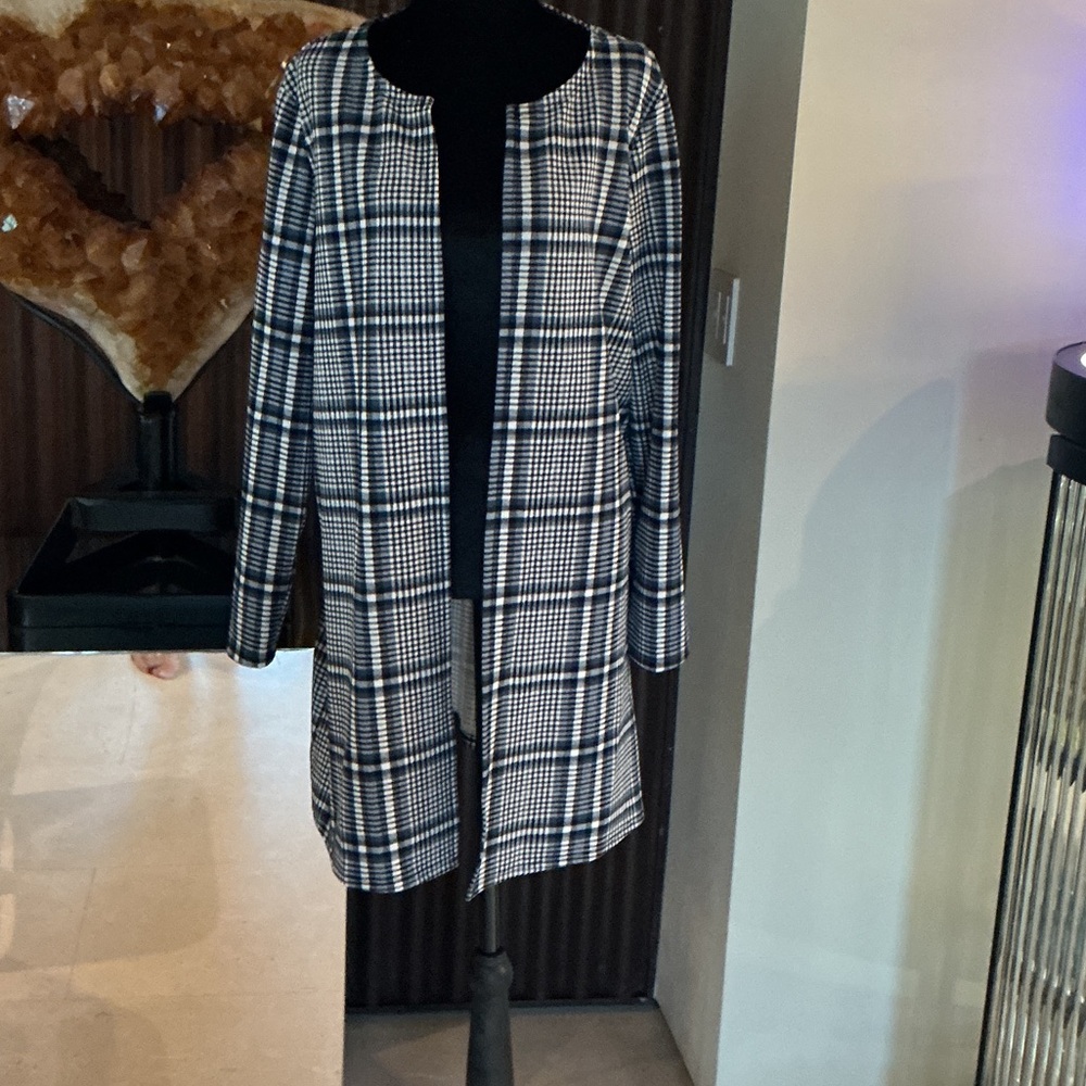 Navy blue and White Plaid Long Coat